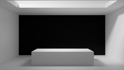 empty room background. bright empty room with white and black walls and window on the ceilings with sunlight. room stage podium table for product placement and design. room mock up copy space