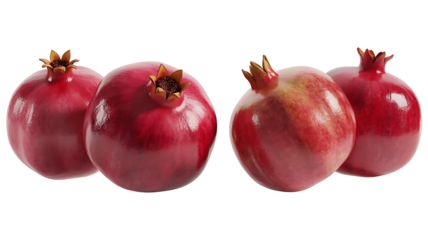 Four ripe red pomegranates with crownlike calyxes isolated on transparent background
