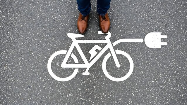 White electric bicycle symbol with plug on asphalt ground bike