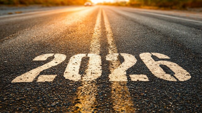 Journey into the future: A sunlit highway stretches ahead with 2026 painted on asphalt, symbolizing progress, opportunity, and the road of endless possibilities