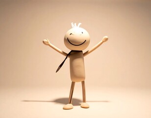 Cheerful tan stick-figure with a smile, necktie, and arms outstretched against a warm, soft beige background