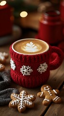 Fototapeta premium Cozy up this winter with a festive red mug filled with delicious coffee art, surrounded by gingerbread cookies and decorative snowflakes for a warm holiday vibe.