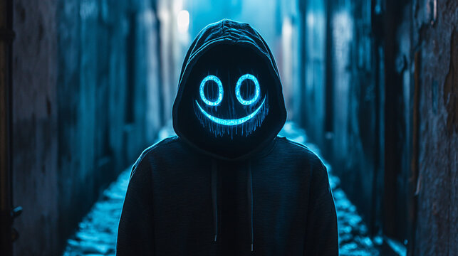 Eerie smiling face in glowing neon lights lurking in a dark alleyway at night
