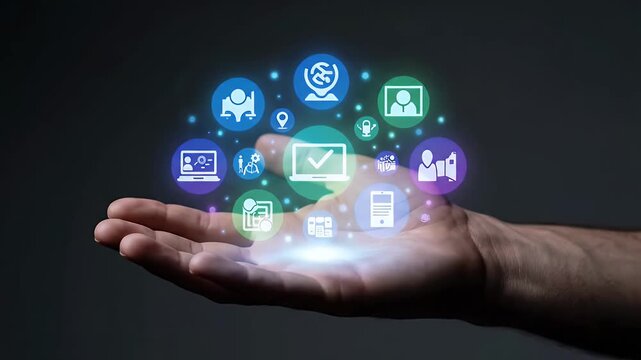 Hand Presenting Glowing Digital Icons Against a Dark Gray Background and Soft Lighting Style Displaying Modern Technology for Adobe Stock Photo Use