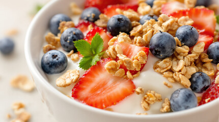 Enjoy delicious yogurt bowl with fresh strawberries, blueberries, and crunchy granola topping
