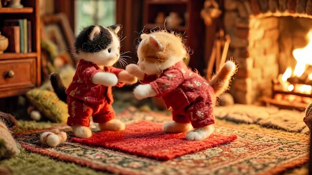 Two playful cats in pajamas dancing on a rug near a fireplace