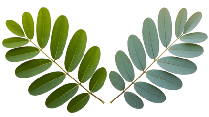 Two pinnate leaves showing contrast between bright green and muted bluegreen foliage isolated on transparent background