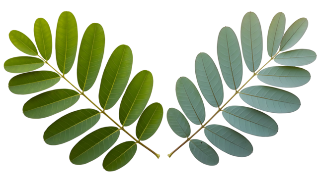 Two pinnate leaves showing contrast between bright green and muted bluegreen foliage isolated on transparent background