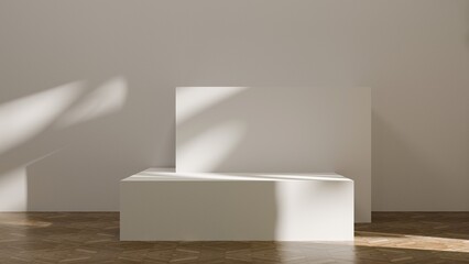Studio room with white cube table stage podium and soft summer light with leaves shadows. Luxury cozy room with white wall and wooden parquet floor. Place for product design. Product template mock up