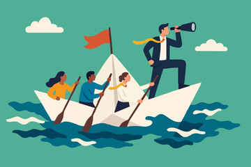 Leadership to lead business in crisis, teamwork or support to achieve target, vision or forward strategy for success concept, businessman leader with binoculars lead business team sailing origami ship