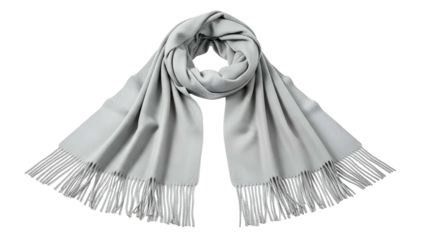 A neutral-toned scarf with fringed edges, spread out against a transparent background