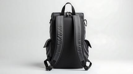 Back view of a modern black backpack with straps and pockets
