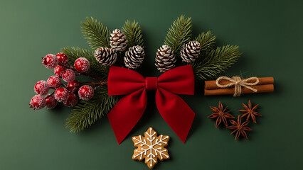 Festive holiday composition with red bow, berries, pinecones, cinnamon sticks, and cookie