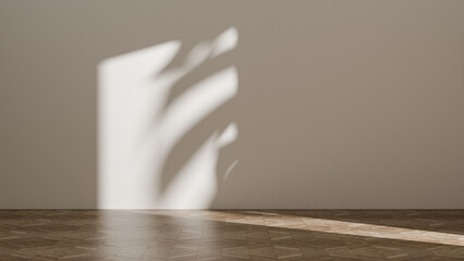 EMPTY WALL. Studio room copy space wall with soft summer sunlight from the window and leaves shadows - mock up for interior design and presentations wallpaper. Empty room background and wooden parquet