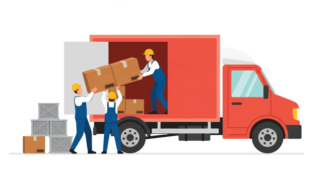 Freight workers are manually loading shipment boxes into a bright red delivery truck, depicted as a modern 2D flat vector illustration on a clean white background for logistics concepts.