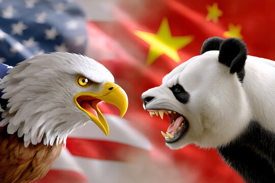 Symbolic representation of international relations between America and China with an eagle and a panda on a background of flags