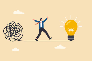 Simplify idea to find solution, thinking process or creativity to solve problem, discover easy way to understand concept, smart businessman walking away from mess chaos line to simple lightbulb idea.