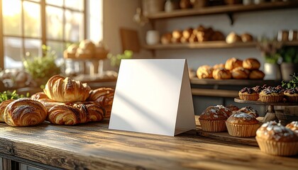 Blank Tent Sign on Rustic Counter with Artisan Pastries