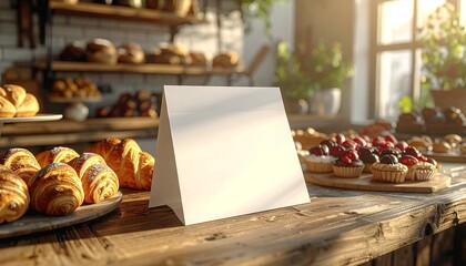 Blank Tent Sign on Rustic Counter with Artisan Pastries
