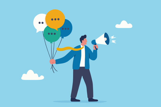Communication or PR, Public Relations manager to communicate company information and media, announce sales or promotion concept, businessman holding speech bubble balloons while talking on megaphone.