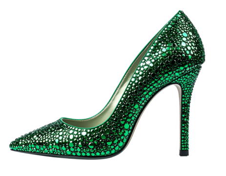 Emerald Green Rhinestone High Heel Shoe Side Profile, Elegant Sparkle, Transparent Background