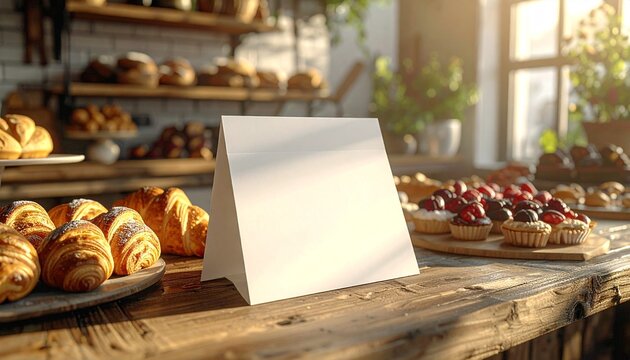 Blank Tent Sign on Rustic Counter with Artisan Pastries