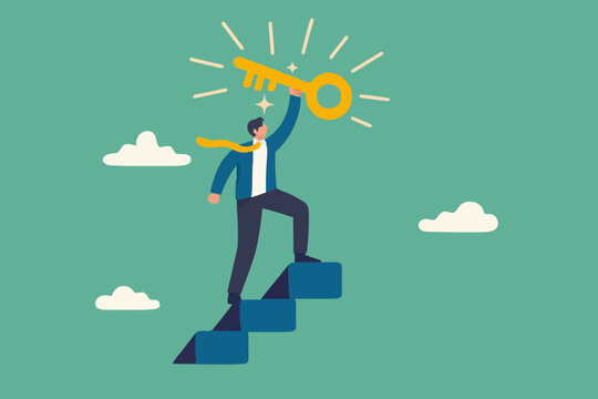 Key to business success, stairway to find secret key or achieve career target concept, businessman winner walk up to top of stairway lifting golden success key to the sky.