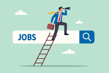 Looking for new job, employment, career or job search, find opportunity, seek for vacancy or work position concept, businessman climb up ladder of job search bar with binoculars to see opportunity.