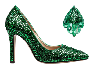 Emerald Green Rhinestone High Heel Shoe Side Profile, Elegant Sparkle, Transparent Background (2)