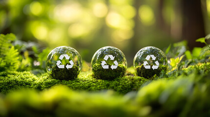 Eco-friendly future with vibrant moss and recycle symbol orbs in sunlight