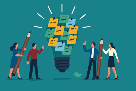 Ideation, brainstorming to gather new idea, effective meeting discussion, team collaboration discover solution, scrum, business people brainstorm with sticky notes combined to bright lightbulb idea.