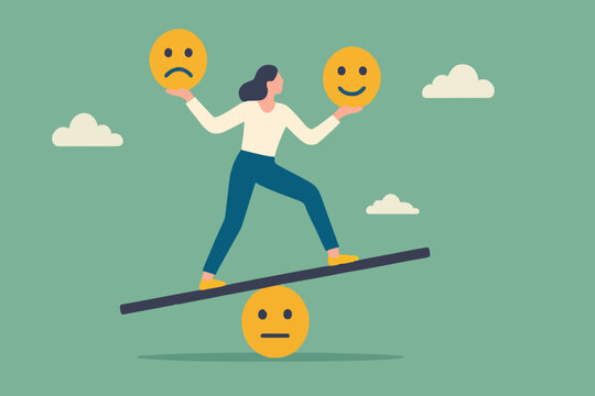 Emotional intelligence, balance emotion control feeling between work stressed or sadness and happy lifestyle concept, mindful calm woman using her hand to balance smile and sad face.