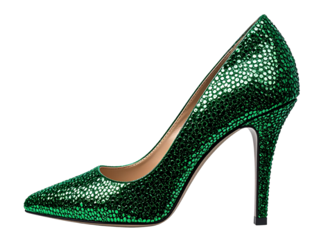 Emerald Green Rhinestone High Heel Shoe Side Profile, Elegant Sparkle, Transparent Background