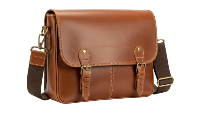 Sleek, rectangular brown leather messenger bag with adjustable strap and metallic hardware