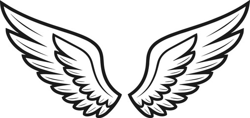 Fototapeta premium Symmetrical black and white stylized wings illustration with layered feathers for tattoo, logo, or spiritual design use