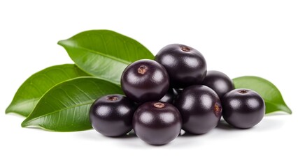 Fototapeta premium Pile of fresh jabuticaba fruits with green leaves on a white background