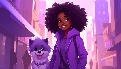 Cheerful woman & fluffy dog stroll a bright street, rendered in purple tones, showcasing friendly companionship