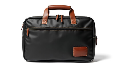 Modern black leather briefcase with brown handles and accents on white background