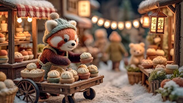 Animated red panda selling food at festive market stall with warm lighting
