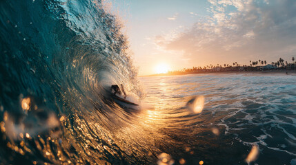 surfer surfing cool waves at sunset