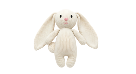 Knitted White Bunny Rabbit Toy with Long Ears and Pink Nose on a White Background Keywords: toy, bunny, rabbit, knitted, white, soft, plush, stuffed animal