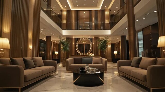 Modern luxury interior design for a grand hotel lobby or upscale living room, featuring elegant furniture and ambient lighting, creating a sophisticated and welcoming ambiance - Powered by Adobe