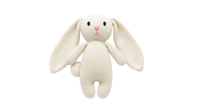 Knitted White Bunny Rabbit Toy with Long Ears and Pink Nose on a White Background Keywords: toy, bunny, rabbit, knitted, white, soft, plush, stuffed animal