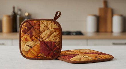 Two quilted autumn-themed pot holders on a modern kitchen counter.