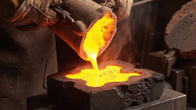 Metal casting process: pouring molten metal into mold for industrial manufacturing process 100 char