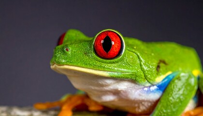 Naklejka premium Bright green frog with prominent red eyes and white & blue striped legs on a gray background