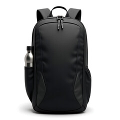 Black backpack with water bottle isolated on white background for stock photography