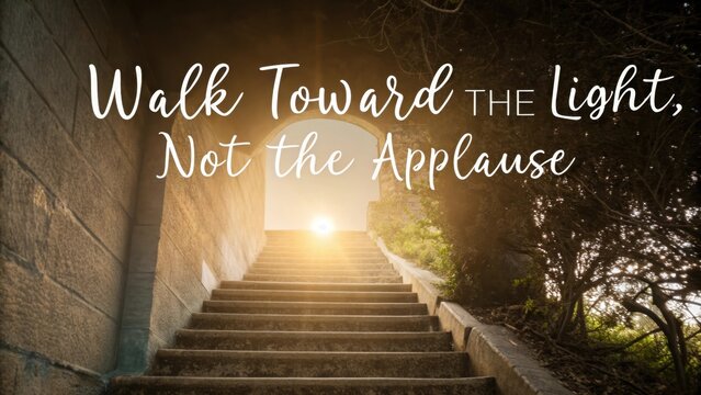 Staircase leading toward bright light with inspirational quote