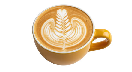 Latte art in yellow cup isolated on transparent background, coffee drink with milk foam design for cafe menu and beverage concepts PNG