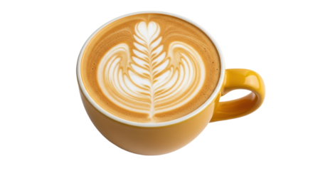Latte art in yellow cup isolated on transparent background, coffee drink with milk foam design for cafe menu and beverage concepts PNG